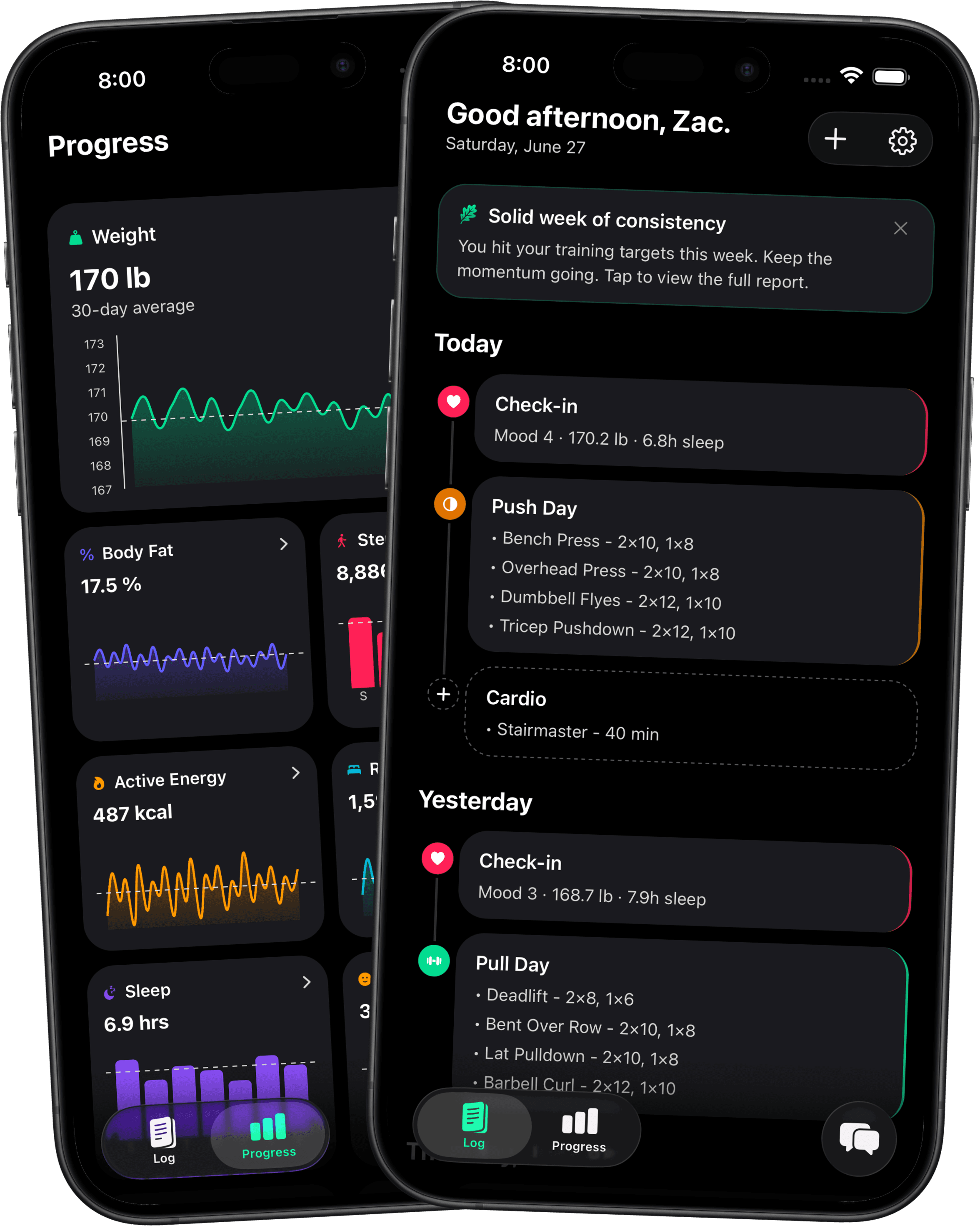 Oak app interface preview showing coaching and activity tracking